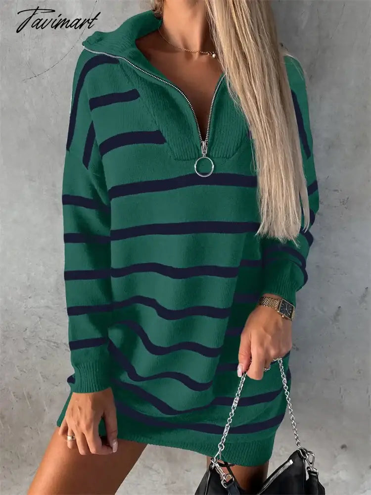 Striped Knit V-Neck Mini Dress Female Loose Zipper Casual Contrast Slim Streetwear Knitwear Fashion High Waist Women Dress