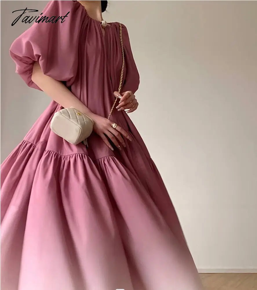 Stylish Summer V-neck Puff Sleeve Gradient Dress for Women Summer Loose Lace-up Female A-line Dress Vestidos S849A