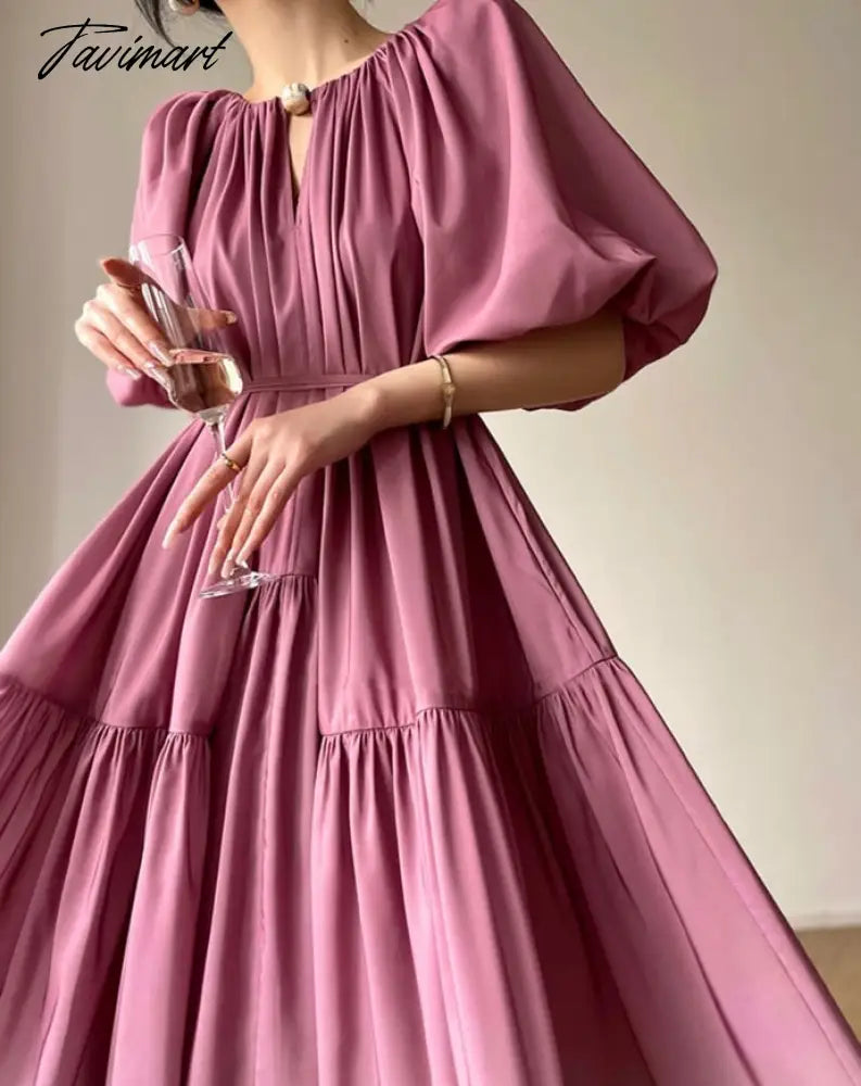 Stylish Summer V-neck Puff Sleeve Gradient Dress for Women Summer Loose Lace-up Female A-line Dress Vestidos S849A