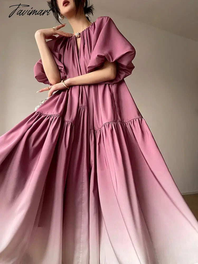 Stylish Summer V-neck Puff Sleeve Gradient Dress for Women Summer Loose Lace-up Female A-line Dress Vestidos S849A