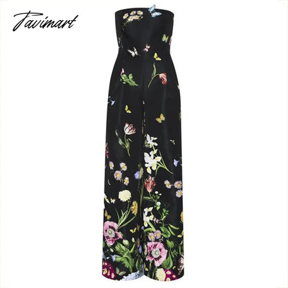 Stylish Wide Leg Jumpsuits Women One Piece Outfit Floral Printed Butterfly Appliques Tube Tops Full Length Straight Rompers New