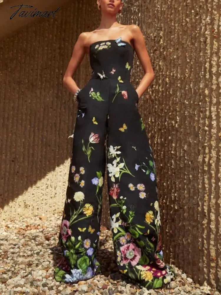 Stylish Wide Leg Jumpsuits Women One Piece Outfit Floral Printed Butterfly Appliques Tube Tops Full Length Straight Rompers New