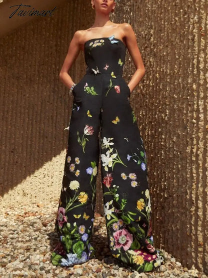 Stylish Wide Leg Jumpsuits Women One Piece Outfit Floral Printed Butterfly Appliques Tube Tops Full Length Straight Rompers New
