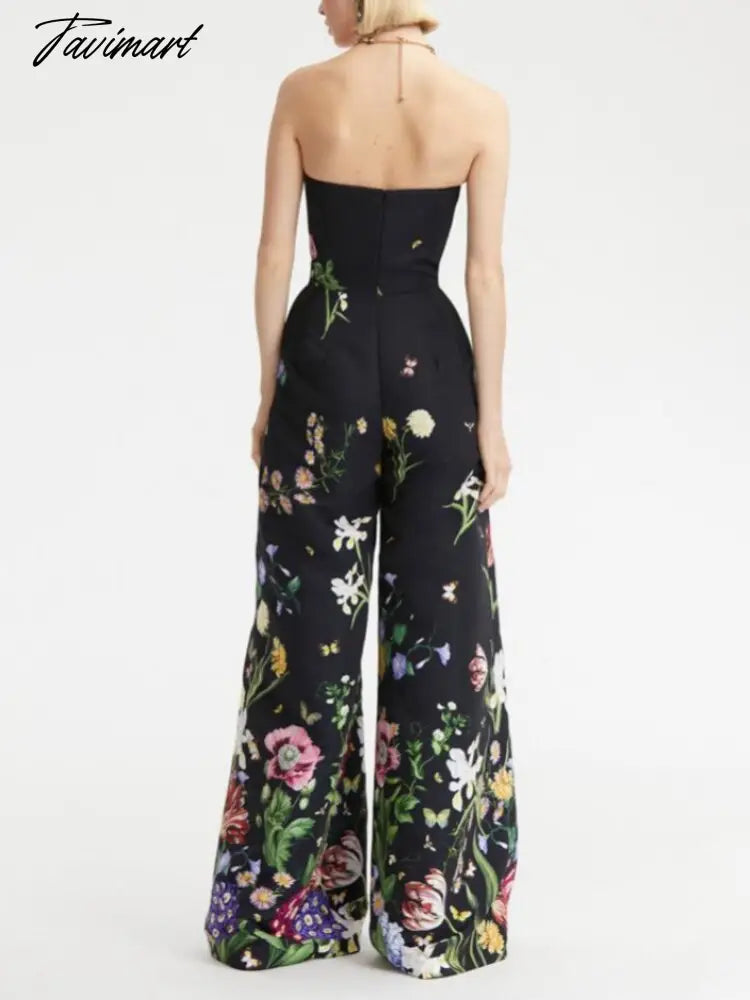 Stylish Wide Leg Jumpsuits Women One Piece Outfit Floral Printed Butterfly Appliques Tube Tops Full Length Straight Rompers New