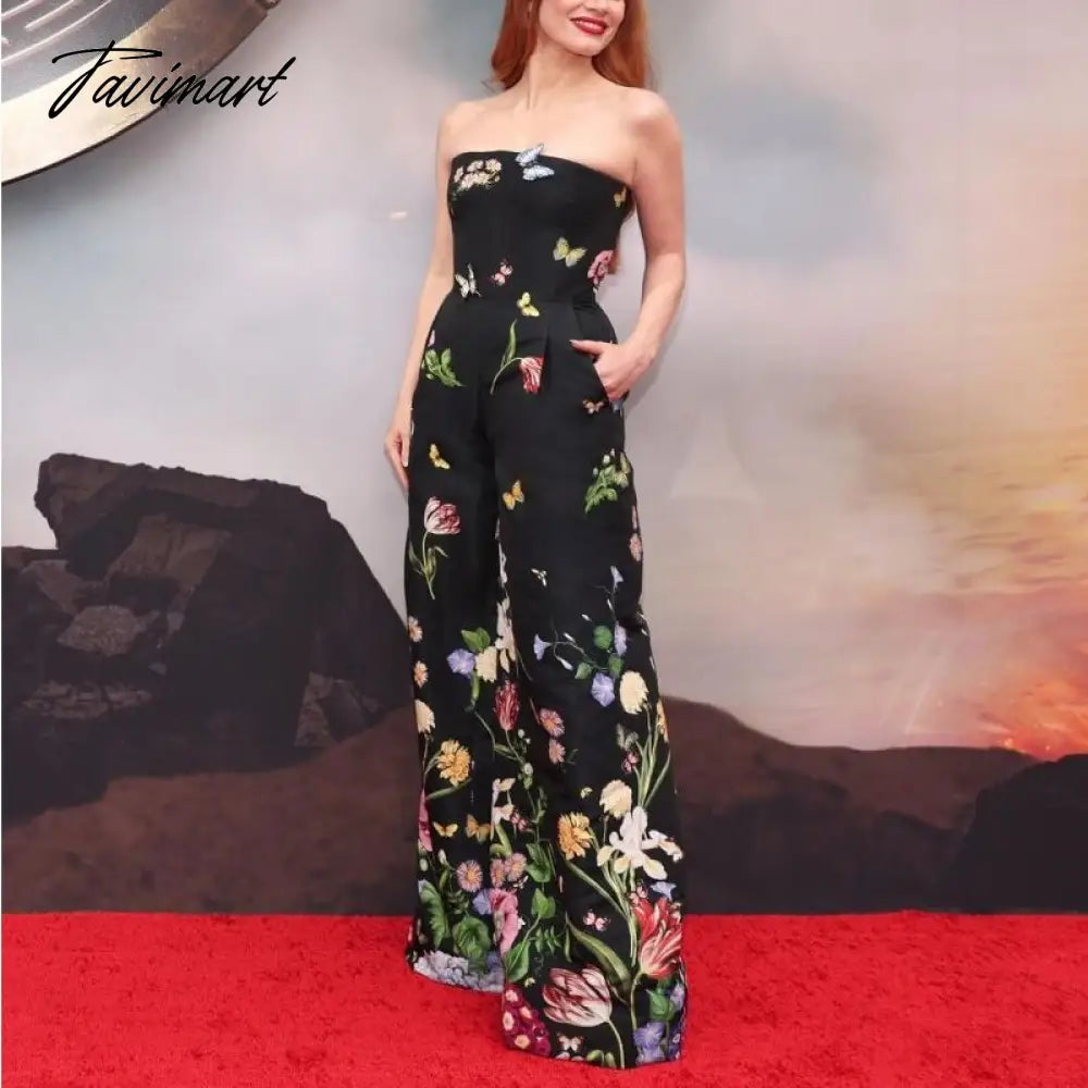 Stylish Wide Leg Jumpsuits Women One Piece Outfit Floral Printed Butterfly Appliques Tube Tops Full Length Straight Rompers New