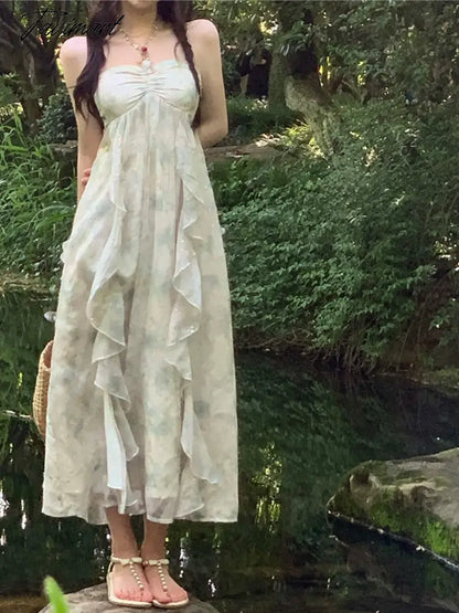 Summer Beach Holiday Dresses Women Slash Neck Halter Ruffles Patchwork Floral Print Midi Dresses Korean Fairy Chifon Vestidos