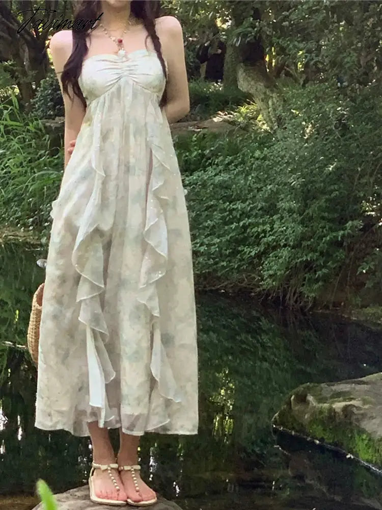 Summer Beach Holiday Dresses Women Slash Neck Halter Ruffles Patchwork Floral Print Midi Dresses Korean Fairy Chifon Vestidos