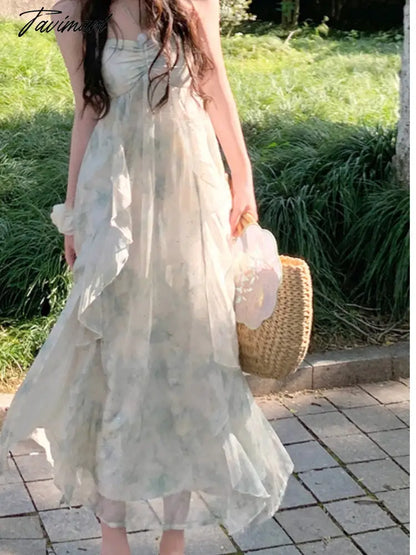 Summer Beach Holiday Dresses Women Slash Neck Halter Ruffles Patchwork Floral Print Midi Dresses Korean Fairy Chifon Vestidos