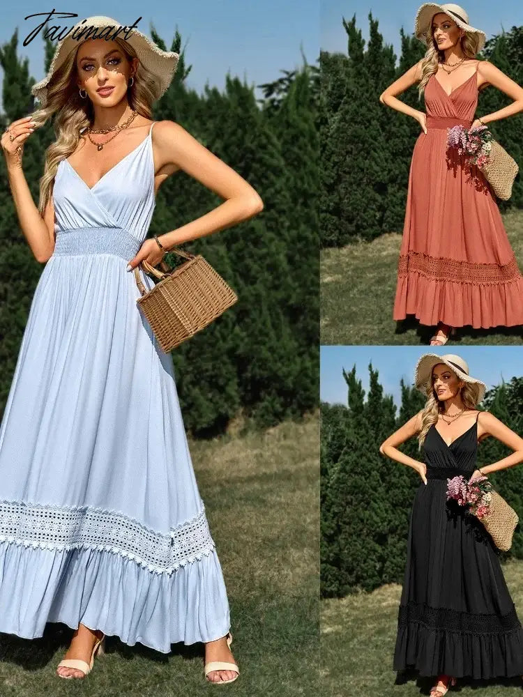 Summer Beach Long Dress Women Casual Solid V-Neck Spaghetti Strap Dresses Ladies Sexy Boho Style Long Robe Vestidos
