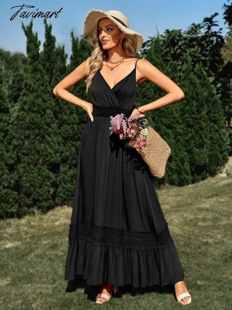 Summer Beach Long Dress Women Casual Solid V-Neck Spaghetti Strap Dresses Ladies Sexy Boho Style Long Robe Vestidos