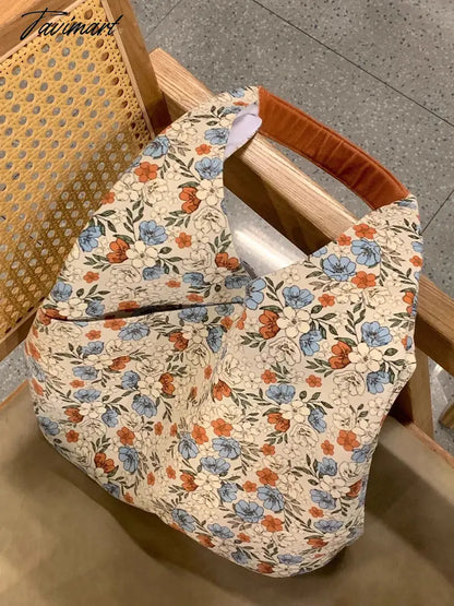 Summer Bucket Handbag Fashion Versatile Retro Blue Flower Tote Bag Large Capacity Shoulder Underarm Bags