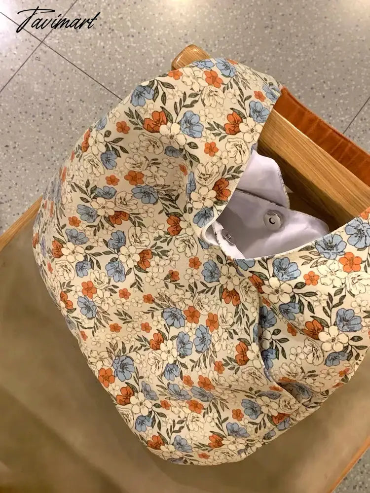 Summer Bucket Handbag Fashion Versatile Retro Blue Flower Tote Bag Large Capacity Shoulder Underarm Bags