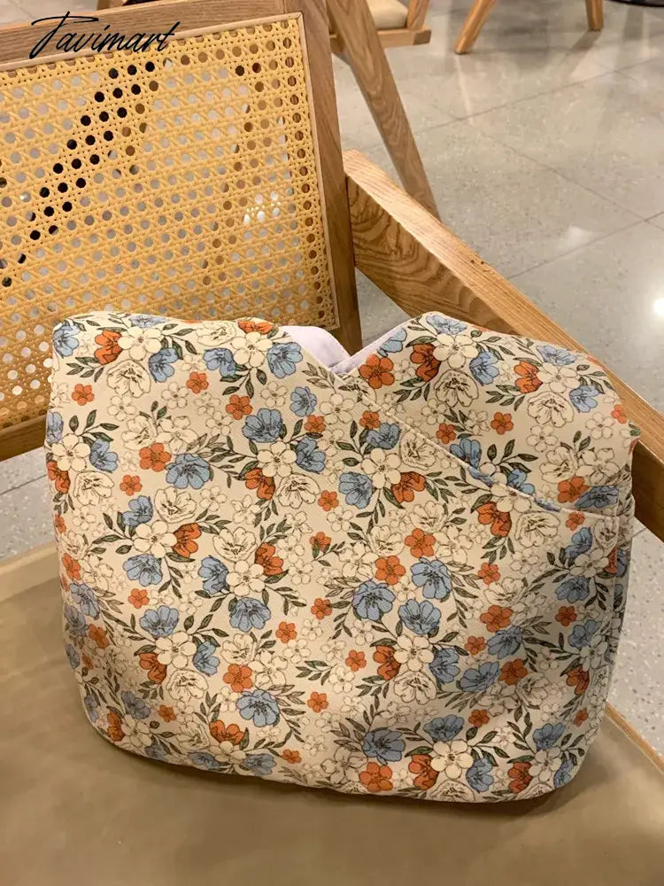 Summer Bucket Handbag Fashion Versatile Retro Blue Flower Tote Bag Large Capacity Shoulder Underarm Bags