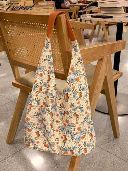 Summer Bucket Handbag Fashion Versatile Retro Blue Flower Tote Bag Large Capacity Shoulder Underarm Bags