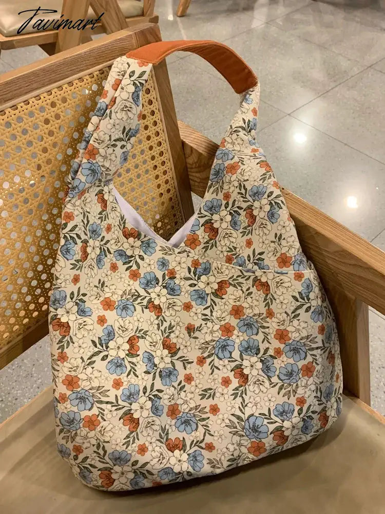 Summer Bucket Handbag Fashion Versatile Retro Blue Flower Tote Bag Large Capacity Shoulder Underarm Bags