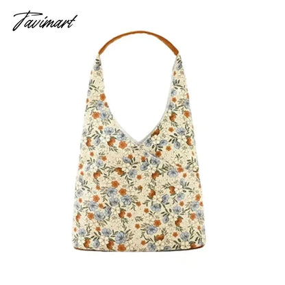 Summer Bucket Handbag Fashion Versatile Retro Blue Flower Tote Bag Large Capacity Shoulder Underarm Bags