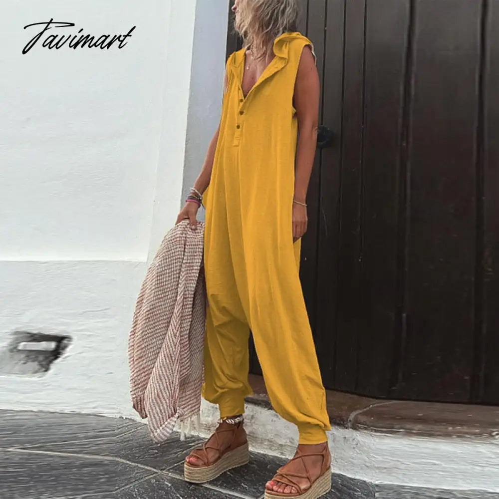 Summer Casual Hooded Romper Streetwear Fashion Sleeveless Button Solid Playsuit Retro Harajuku Loose Cotton Linen Women Jumpsuit