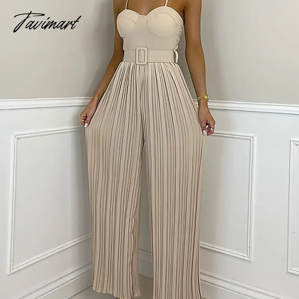 Summer Casual Suspenders Long Jumpsuit Women Sexy Fashion Solid Sleeveless Sashes Pleated Wide Leg Jumpsuit Orange Female