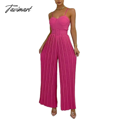 Summer Casual Suspenders Long Jumpsuit Women Sexy Fashion Solid Sleeveless Sashes Pleated Wide Leg Jumpsuit Orange Female