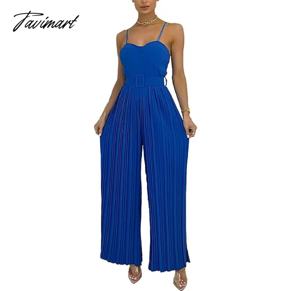 Summer Casual Suspenders Long Jumpsuit Women Sexy Fashion Solid Sleeveless Sashes Pleated Wide Leg Jumpsuit Orange Female