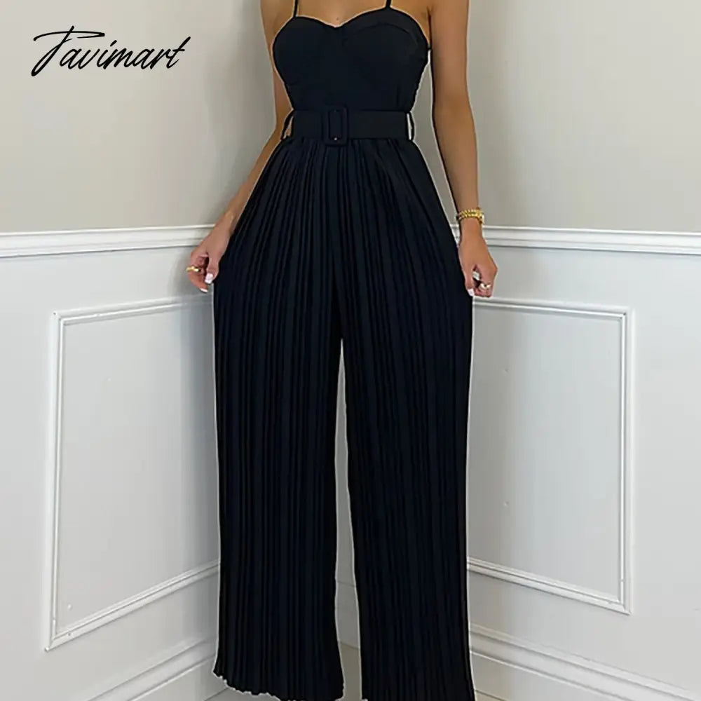 Summer Casual Suspenders Long Jumpsuit Women Sexy Fashion Solid Sleeveless Sashes Pleated Wide Leg Jumpsuit Orange Female