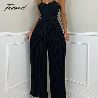 Summer Casual Suspenders Long Jumpsuit Women Sexy Fashion Solid Sleeveless Sashes Pleated Wide Leg Jumpsuit Orange Female