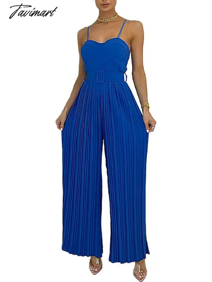 Summer Casual Suspenders Long Jumpsuit Women Sexy Fashion Solid Sleeveless Sashes Pleated Wide Leg Jumpsuit Orange Female