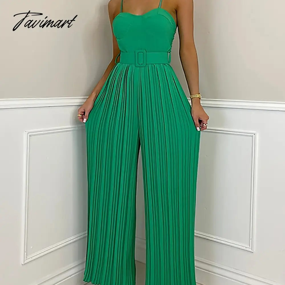 Summer Casual Suspenders Long Jumpsuit Women Sexy Fashion Solid Sleeveless Sashes Pleated Wide Leg Jumpsuit Orange Female