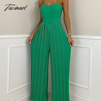 Summer Casual Suspenders Long Jumpsuit Women Sexy Fashion Solid Sleeveless Sashes Pleated Wide Leg Jumpsuit Orange Female