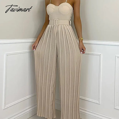 Summer Casual Suspenders Long Jumpsuit Women Sexy Fashion Solid Sleeveless Sashes Pleated Wide Leg Jumpsuit Orange Female