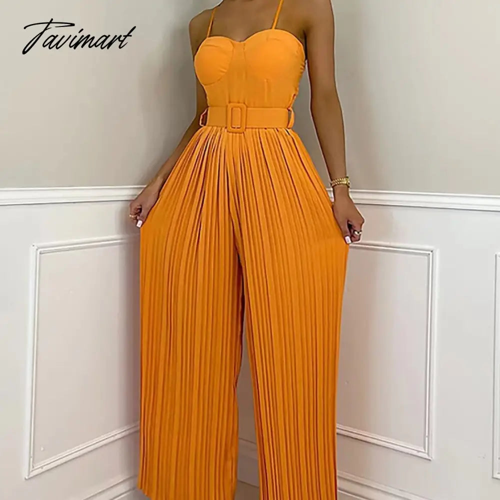 Summer Casual Suspenders Long Jumpsuit Women Sexy Fashion Solid Sleeveless Sashes Pleated Wide Leg Jumpsuit Orange Female