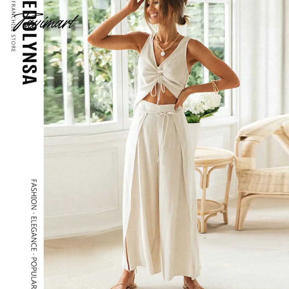 Summer Casual Two Piece Set Cotton Linen Drawstring Crop Top Split Lace Up Wide Leg Pants Loungewear Women's Home Suits Y120