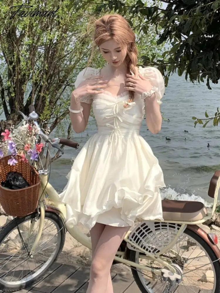 Summer Chiffion Sweet Fairy Mini Dress For Women Kawaii Evening Party Birthday Prom Midi Dress Korean Fashion Clothing
