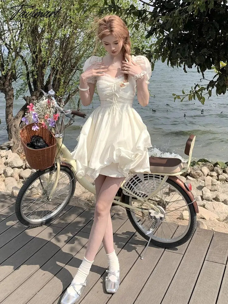 Summer Chiffion Sweet Fairy Mini Dress For Women Kawaii Evening Party Birthday Prom Midi Dress Korean Fashion Clothing