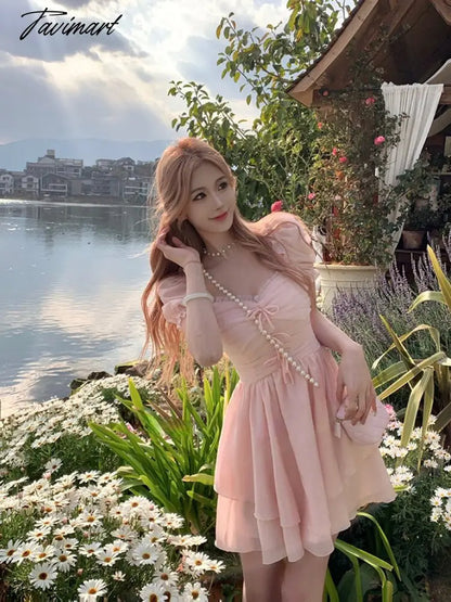 Summer Chiffion Sweet Fairy Mini Dress For Women Kawaii Evening Party Birthday Prom Midi Dress Korean Fashion Clothing