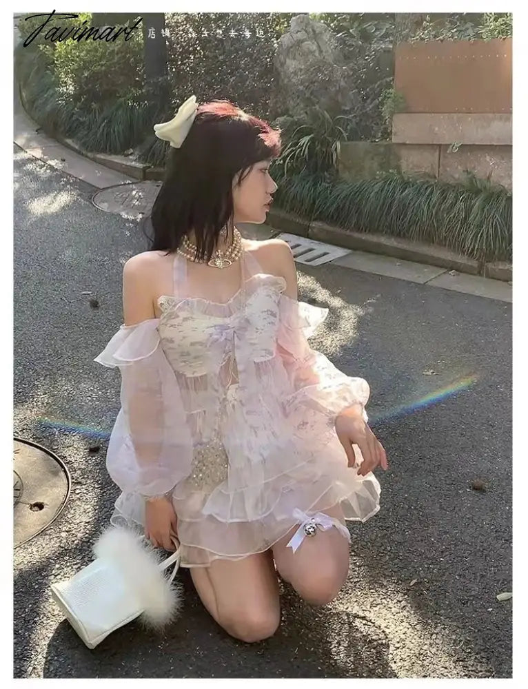 Summer Chiffon Floral Lace Princess Sets Women Halter Collar Sweet Two Piece Set Female Casual Kawaii Party Mini Skirt Sets