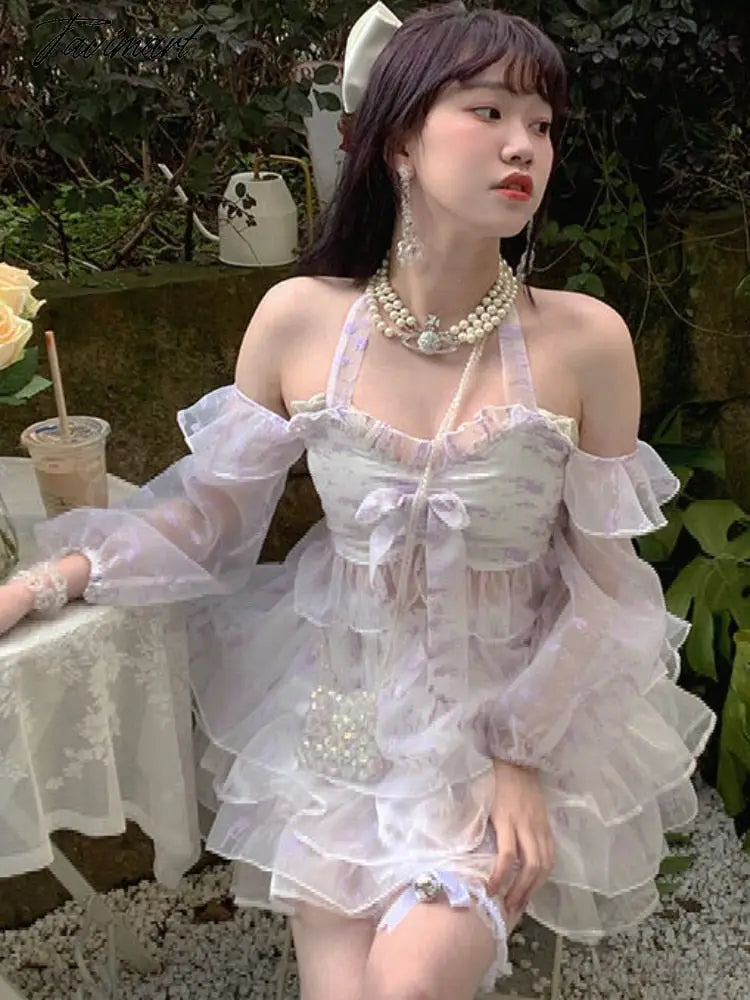 Summer Chiffon Floral Lace Princess Sets Women Halter Collar Sweet Two Piece Set Female Casual Kawaii Party Mini Skirt Sets