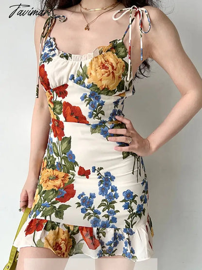 Summer dress for women printed sleeveless tie dress women's mini elegant dress ruffled retro sexy Tight dress Boho Resort Dress