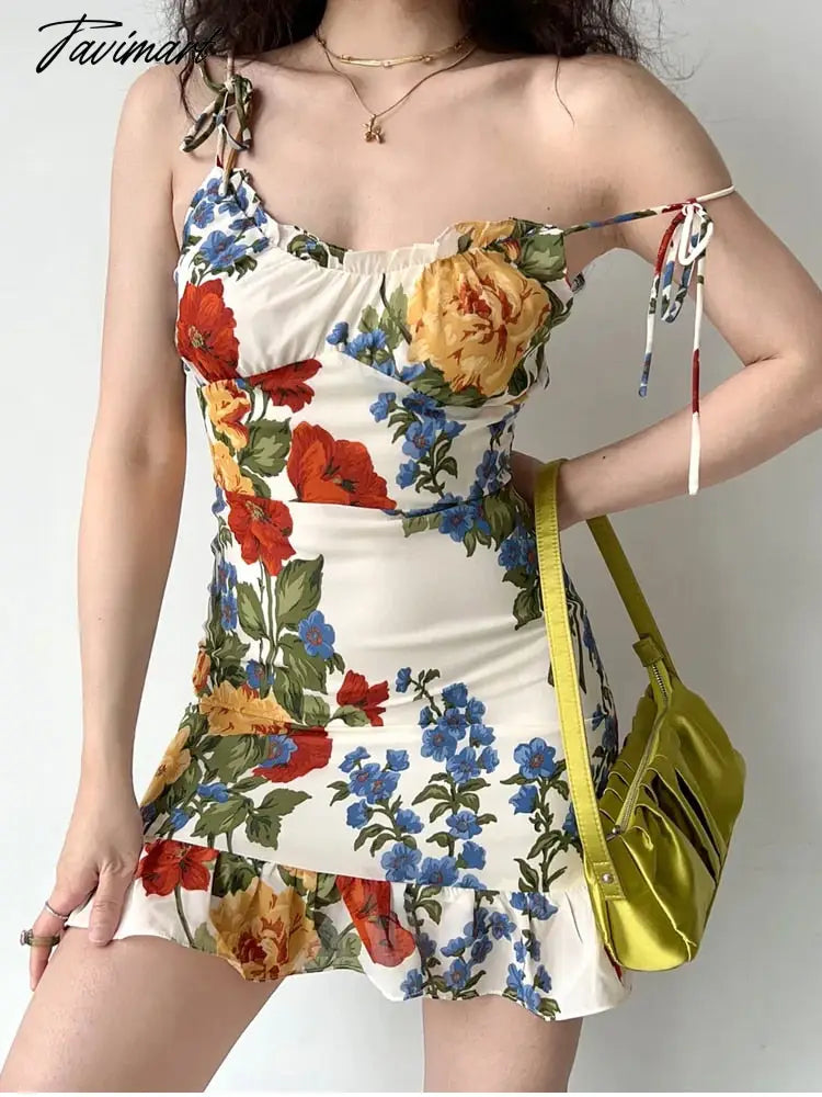 Summer dress for women printed sleeveless tie dress women's mini elegant dress ruffled retro sexy Tight dress Boho Resort Dress