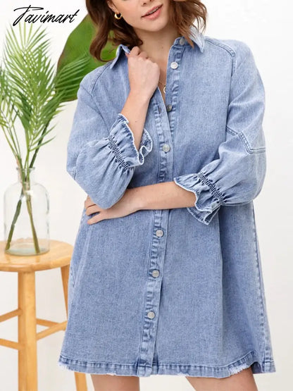Summer Dress Women Fashion Korea Thin Denim Vintage Loose Lantern Sleeve Shirt Dress Streetwear Short Mini Casual Clothes