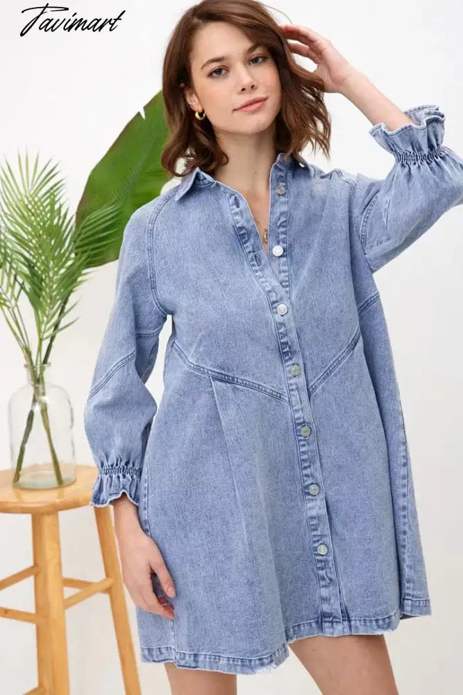 Summer Dress Women Fashion Korea Thin Denim Vintage Loose Lantern Sleeve Shirt Dress Streetwear Short Mini Casual Clothes