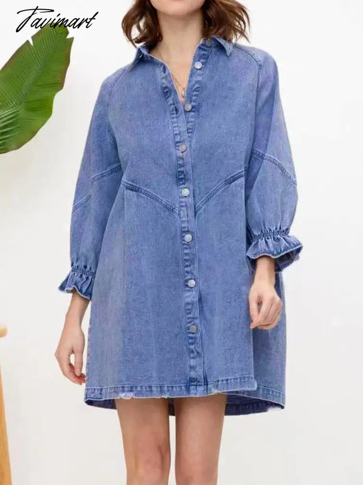 Summer Dress Women Fashion Korea Thin Denim Vintage Loose Lantern Sleeve Shirt Dress Streetwear Short Mini Casual Clothes