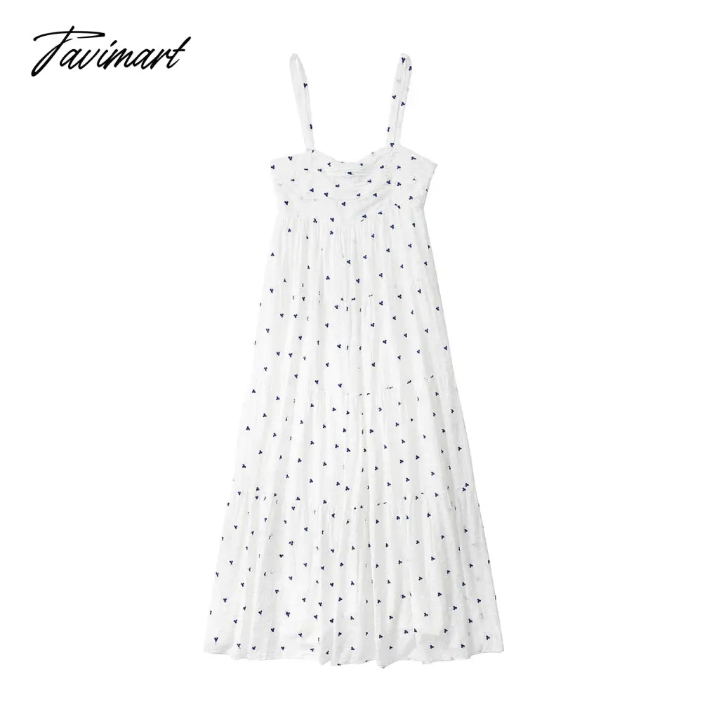 Summer Dress Women Tiered Hem Embroidery Casual Midi Dress Straight Neckline Sleeveless Spaghetti Strap Cotton White Dress