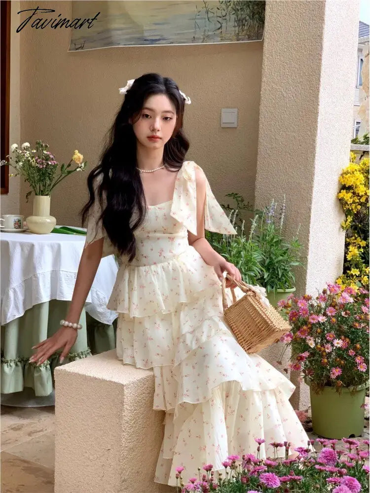 Summer Elegant Floral Print Cake Party Dress Vintage Women Sleeveless Lace Up Princess Dress Lady Holiday Beach Prom Dress