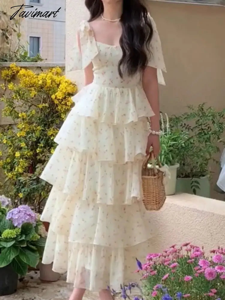 Summer Elegant Floral Print Cake Party Dress Vintage Women Sleeveless Lace Up Princess Dress Lady Holiday Beach Prom Dress