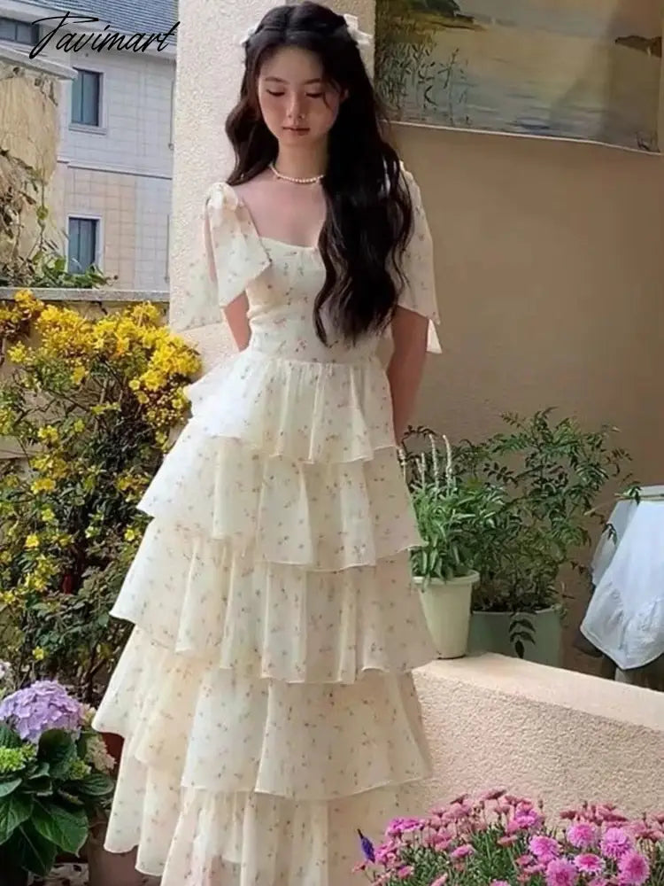 Summer Elegant Floral Print Cake Party Dress Vintage Women Sleeveless Lace Up Princess Dress Lady Holiday Beach Prom Dress