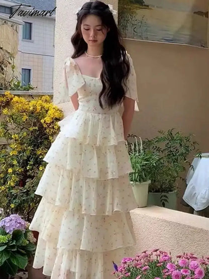 Summer Elegant Floral Print Cake Party Dress Vintage Women Sleeveless Lace Up Princess Dress Lady Holiday Beach Prom Dress