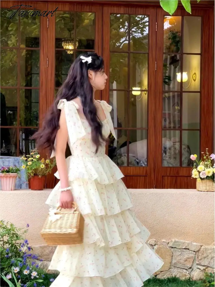 Summer Elegant Floral Print Cake Party Dress Vintage Women Sleeveless Lace Up Princess Dress Lady Holiday Beach Prom Dress