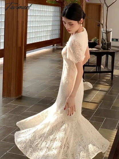 Summer Elegant Lace Slim Women Prom Dress New French Style Short Sleeve V-neck Outfits Vintage Wedding Mermaid Robe