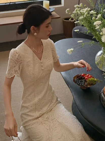 Summer Elegant Lace Slim Women Prom Dress New French Style Short Sleeve V-neck Outfits Vintage Wedding Mermaid Robe